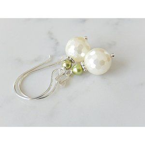 Shell Pearl Earrings, Off White and Olive Green Earrings, Bridal Jewelry